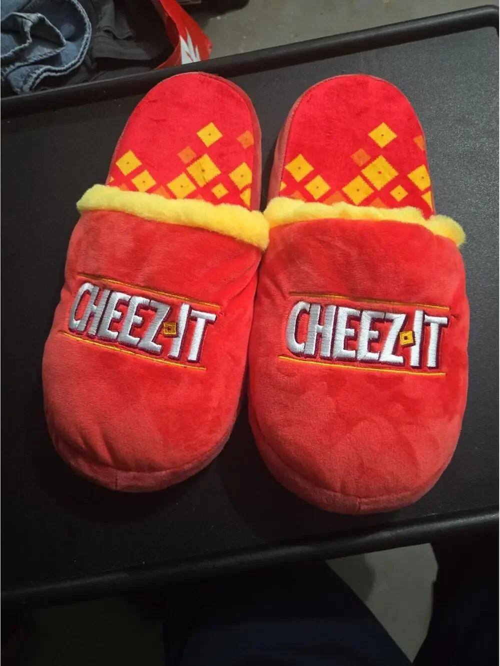 Cheez-It Branded Red Plush Novelty Slippers Size L (approx 10-12M)